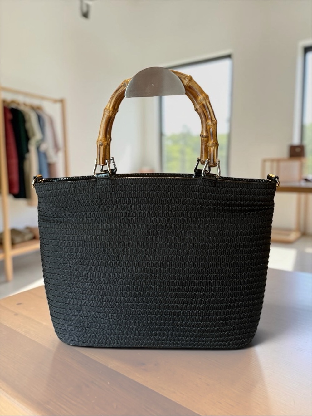 Vintage Gucci Black Nylon Bamboo Handle Tote with Silver Chain and COA